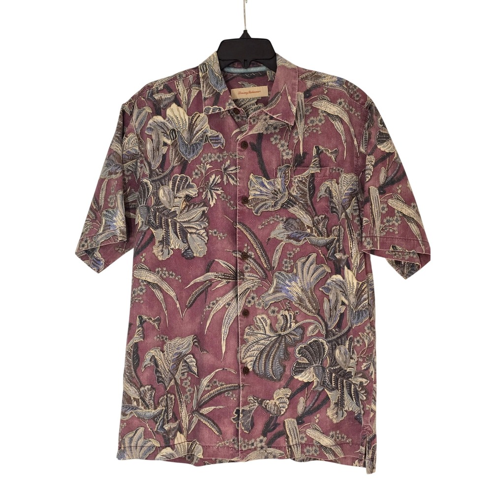 Tommy Bahama Mens Silk Floral Camp Shirt Short Sleeve Purple Tropical Size M
